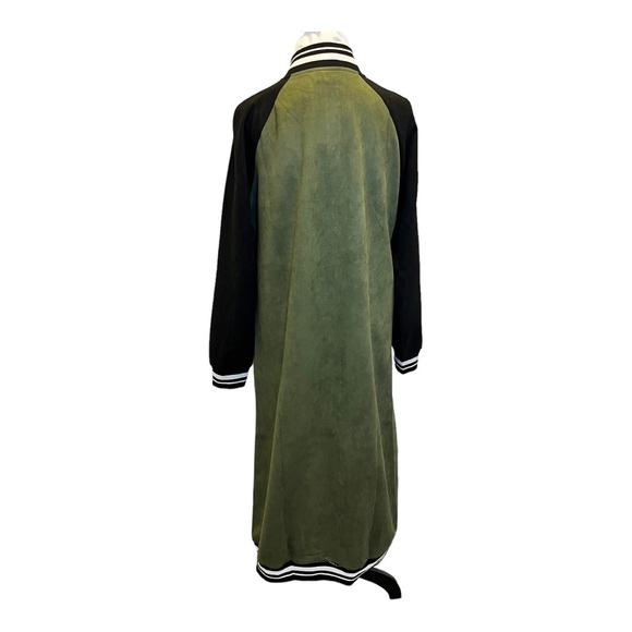 SoNo Chic Varsity Faux Suede Green Maxi Front Snap Jacket - Picture 4 of 14